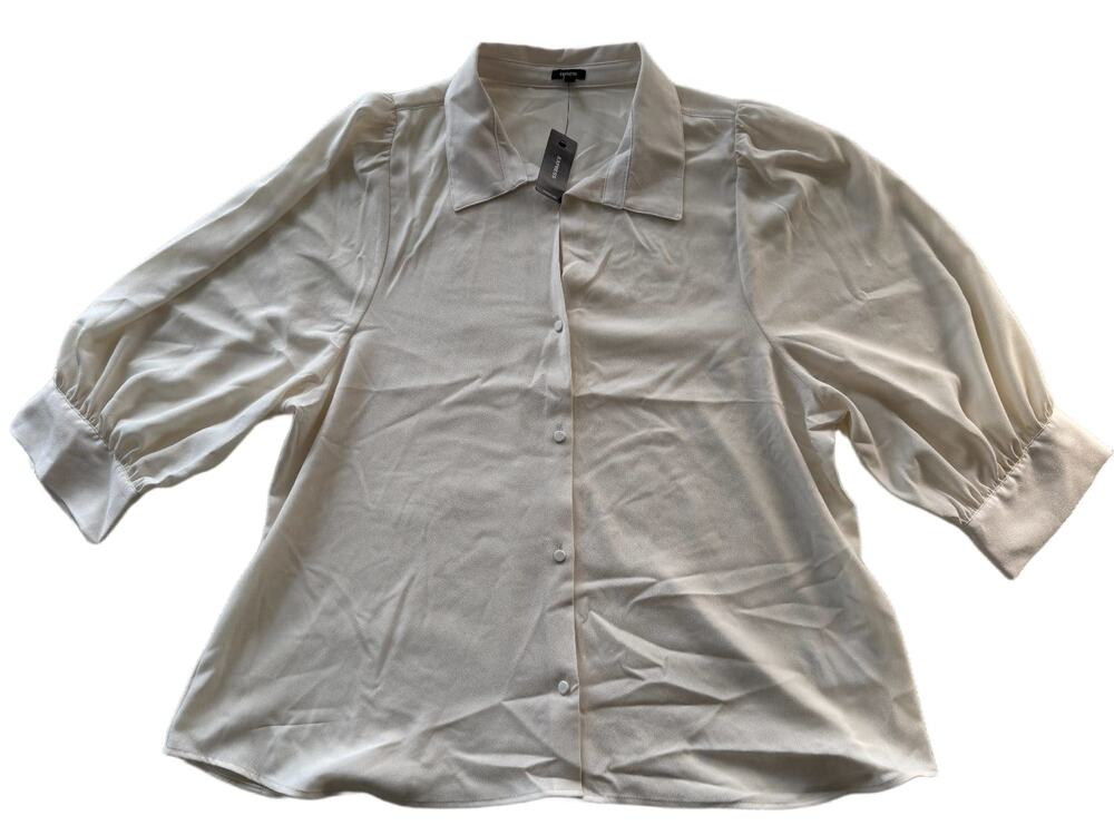 Express Women's XL Ivory Puff Sleeve Button Front Blouse Portofino Style NWT